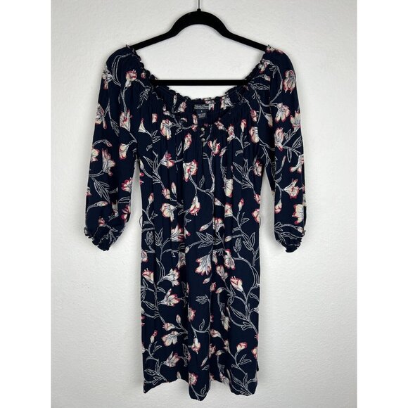 Lucky Brand Womens Navy Floral Print Balloon Sleeve Off Shoulder Peasant Dress S - Picture 1 of 10
